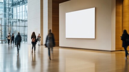 Poster - A cozy indoor location showcases a blank poster mounted on a soft beige wall, while blurred figures walk by, adding life and warmth to the well-lit area