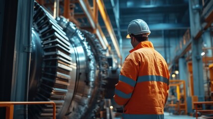 Engineer in high-visibility clothing and helmet inspecting large machinery in an industrial factory setting, ensuring safety and maintenance.