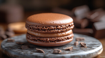 chocolate macaron with caramel filling on a marble surface  - gourmet dessert food photography