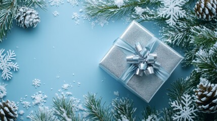 Poster - A silver gift box adorned with a ribbon sits at the center, surrounded by pine branches, pinecones, and artificial snowflakes. The serene blue background creates a winter wonderland atmosphere.