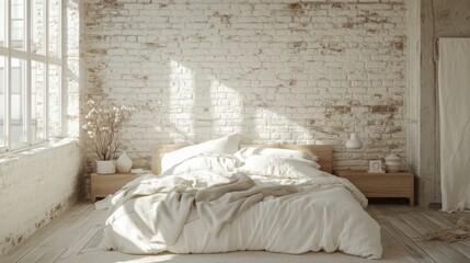 Poster - This cozy bedroom features a wooden bed with soft bedding, illuminated by natural light streaming through large windows. A minimalist design with warm tones adds to the relaxing ambiance.