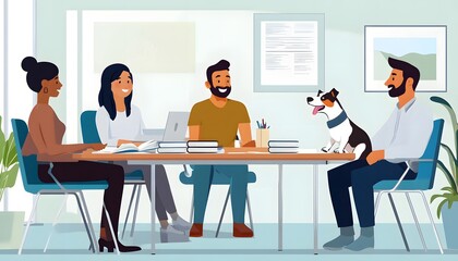 Poster - Four people and a dog having a meeting around a table in an office