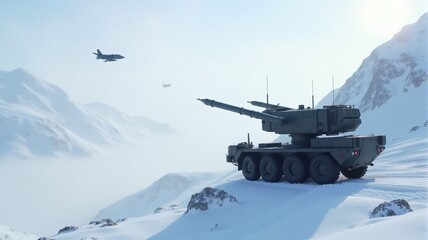 Mobile surface-to-air missile vehicle stationed on a snow-covered mountainside, with missiles aimed at enemy aircraft approaching from the distance.