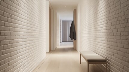 Leinwandbilder - A bright and airy hallway showcases smooth white brick walls and wooden flooring