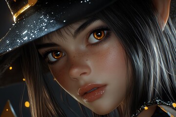 Poster - Hyper-realistic close-up of a gnome girl witchâ€™s face, with every detail of her expression and costume captured as she prepares for Halloween