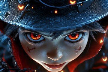Poster - Hyper-realistic close-up of a gnome girl witchâ€™s face, with every detail of her expression and costume captured as she prepares for Halloween