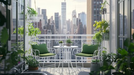 Aufkleber - Bright plants adorn a balcony with modern green chairs and a small table, offering a peaceful retreat with a stunning view of New York City's bustling skyline under clear blue skies.