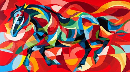Aufkleber - A dynamic and abstract illustration of a horse running, featuring flowing colorful shapes and bold reds. This vivid design is perfect for modern art or creative projects emphasizing movement and