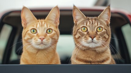 Dog and cat sitting side by side in a car, looking out of the window, ready for an adventure, bright and dynamic scene