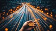 © Arifin Studio - A hand holds a compass in front of a city highway with glowing streaks of light from speeding cars, representing the journey ahead.