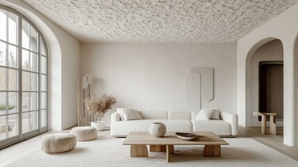 Aufkleber - A spacious living area features a plush white sofa, cozy seating, and a wooden coffee table, all bathed in warm natural light streaming through large windows, creating a serene atmosphere.