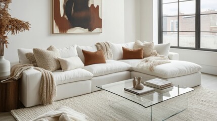 Poster - The living room showcases a stylish white sectional sofa adorned with various pillows, complemented by a glass coffee table and warm tones