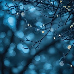 Sticker - A captivating view of branches glimmering with soft lights, creating a serene winter ambiance in a blur of blue hues.