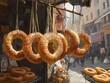 © Nayotsaphon - Bagels hanging from strings in an outdoor food market, contrasting textures of crunchy crust and soft interior, vibrant street life in the background