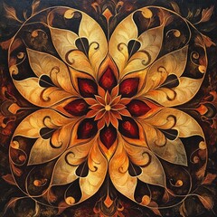 Wall Mural - An intricate floral design featuring warm golds and reds, ideal for decorative and artistic themes.