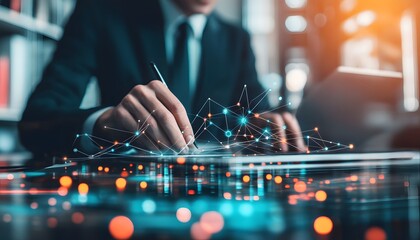 Poster - A businessman analyzing data using a futuristic digital interface, showcasing technology in a corporate environment.