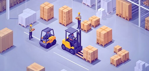 Poster - A bustling warehouse scene with forklifts and workers managing cardboard boxes and pallets in an organized space.