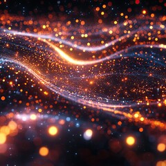 Wall Mural - Vibrant abstract background featuring glowing particles and waves in orange and blue hues for technology and design projects.