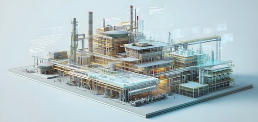 Poster - A detailed 3D rendering of a modern industrial facility showcasing advanced manufacturing processes and technology.