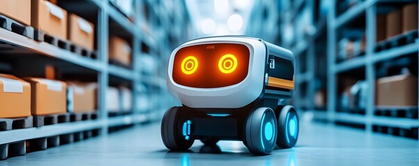 Poster - A cute robotic assistant navigating a storage warehouse, showcasing advanced technology and automation in modern logistics.
