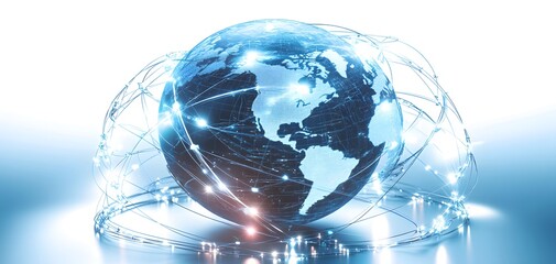 Poster - A digital representation of the globe, highlighting global connectivity and technology with glowing network lines and a bright background.