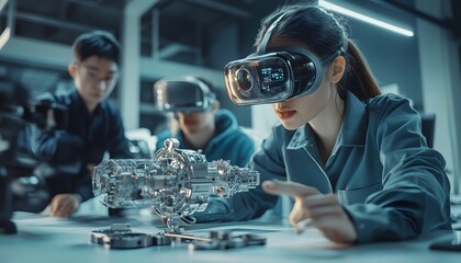 Poster - A focused user engages with virtual reality technology, exploring intricate mechanics in a modern workspace.