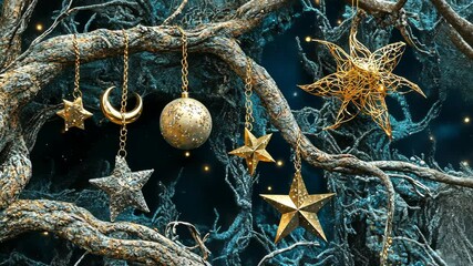Wall Mural - golden stars, a crescent moon, and an orb dangle from a bare tree branch against a dark blue backgro