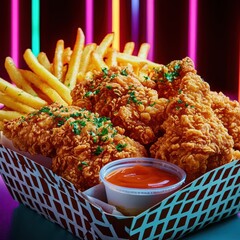 Crunchy fried chicken tenders, garnished with parsley, served in a modern fast food basket with dipping sauces and waffle fries, neon background