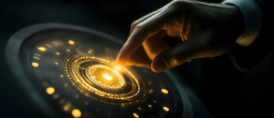 Poster - A hand reaching out to interact with a glowing, futuristic interface, symbolizing technology and innovation in a digital world.