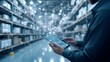 © Arifin Studio - A man in a warehouse uses a tablet to monitor inventory and logistics, with digital data and icons overlayed on the scene.