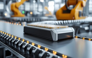 Poster - A modern conveyor system in an automated industrial setting, showcasing robotic arms and efficient product handling technology.