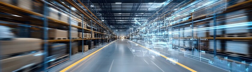 Poster - A modern warehouse interior featuring organized shelves and efficient storage solutions, showcasing the future of logistics.