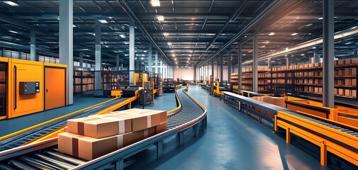 Poster - A modern warehouse interior featuring a conveyor system, packages, and organized storage shelves, highlighting efficiency in logistics.