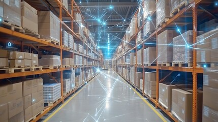 Poster - A modern warehouse interior showcasing organized shelves filled with boxes, highlighting inventory management and storage solutions.