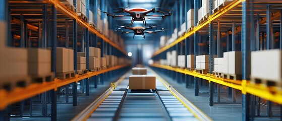Poster - A modern warehouse featuring drones transporting boxes along a conveyor, symbolizing advanced logistics and automation.
