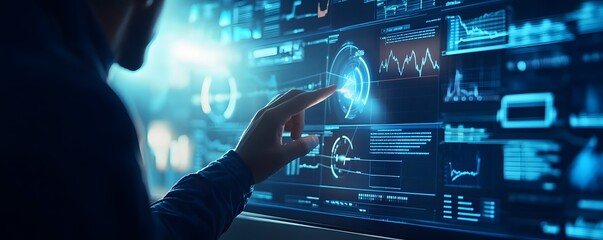 Poster - A person interacts with a futuristic touchscreen interface displaying data and graphs in a high-tech environment.