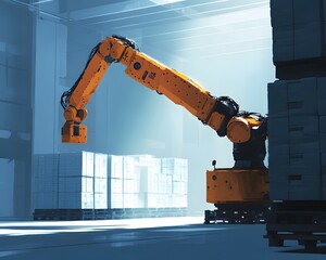 Poster - A robotic arm efficiently handling packages in a modern warehouse setting with dramatic lighting and advanced technology.