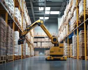 Poster - A robotic arm efficiently organizing pallets in a modern warehouse, showcasing advanced automation technology.