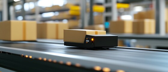 Poster - A robotic system transporting packages on a conveyor belt in a modern warehouse setting.