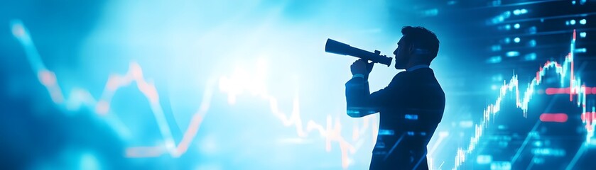 Poster - A silhouette of a businessman analyzing market trends through a telescope against a backdrop of digital graphs and data.