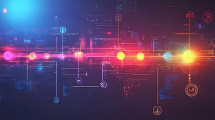 Fototapete - A vibrant digital network visualization with colorful nodes and connections, representing technology and innovation.