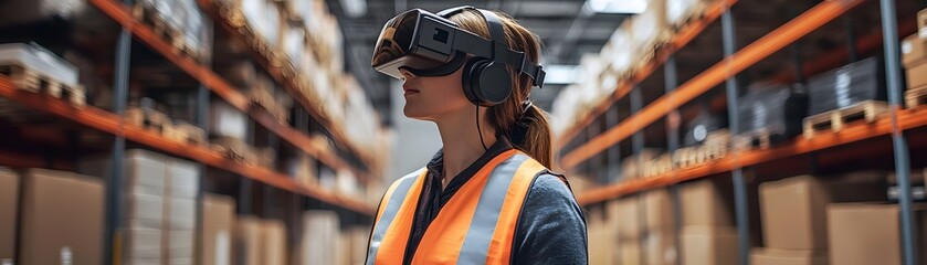 Poster - A woman wears a virtual reality headset in a modern warehouse, demonstrating innovative technology in logistics and training.