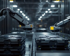Poster - Advanced robotic arms in a modern warehouse handling pallets with precision in an automated environment.
