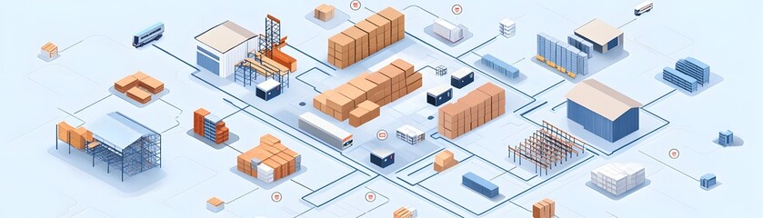 Poster - Aerial view of a modern warehouse layout with organized inventory and shipping areas for efficient logistics management.