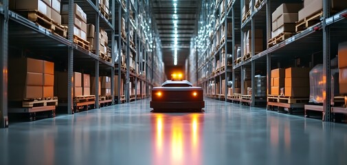 Poster - An automated warehouse with a guided vehicle navigating through shelves filled with boxes, showcasing modern logistics technology.