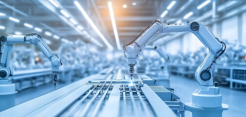 Poster - An industrial automation scene featuring a robotic arm working on an assembly line in a modern factory environment.