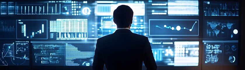 Poster - Business professional analyzing data on digital screens, reflecting trends and insights in a modern workspace environment.