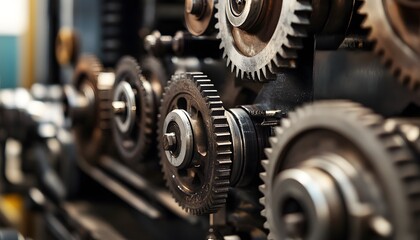 Poster - Close-up of intricate metal gears in a machine, showcasing detail and craftsmanship in industrial mechanics.