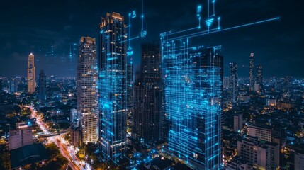 A night view of a modern city with skyscrapers and glowing digital lines.