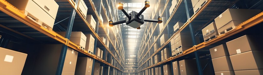 Poster - Drone navigating through a modern warehouse, showcasing advanced logistics and inventory management technology.